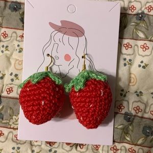 Handmade crochet strawberry earrings 3” dangle